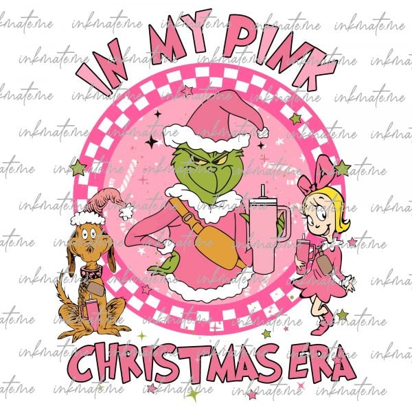 In My Pink Christmas Era Png, Checked Christmas Stealer, Pink Merry Christmas, Xmas Holiday, Santa Hat, Mean Green Guy Christmas Pink Png