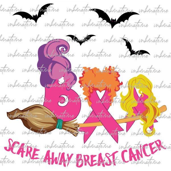 Scare Away Breast Cancer Svg, Halloween Cancer, Boo Cancer Ribbon Svg, Halloween Witch, Retro Halloween Svg, Wear Pink Svg, Witches Sisters