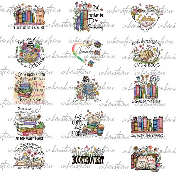 Books Quotes Bundle Png Instant Download, Book Reading Png, Booktrovert Lover File, Books Sublimation Designs for Shirts, Book with Flower