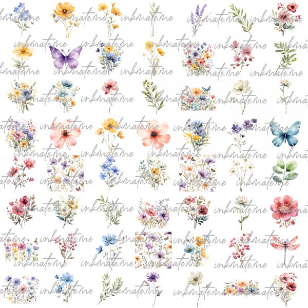 LUSH Wildflowers, Wild flower PNG, Watercolor Wild flower, Flower Clipart, Watercolor Flower PNG,