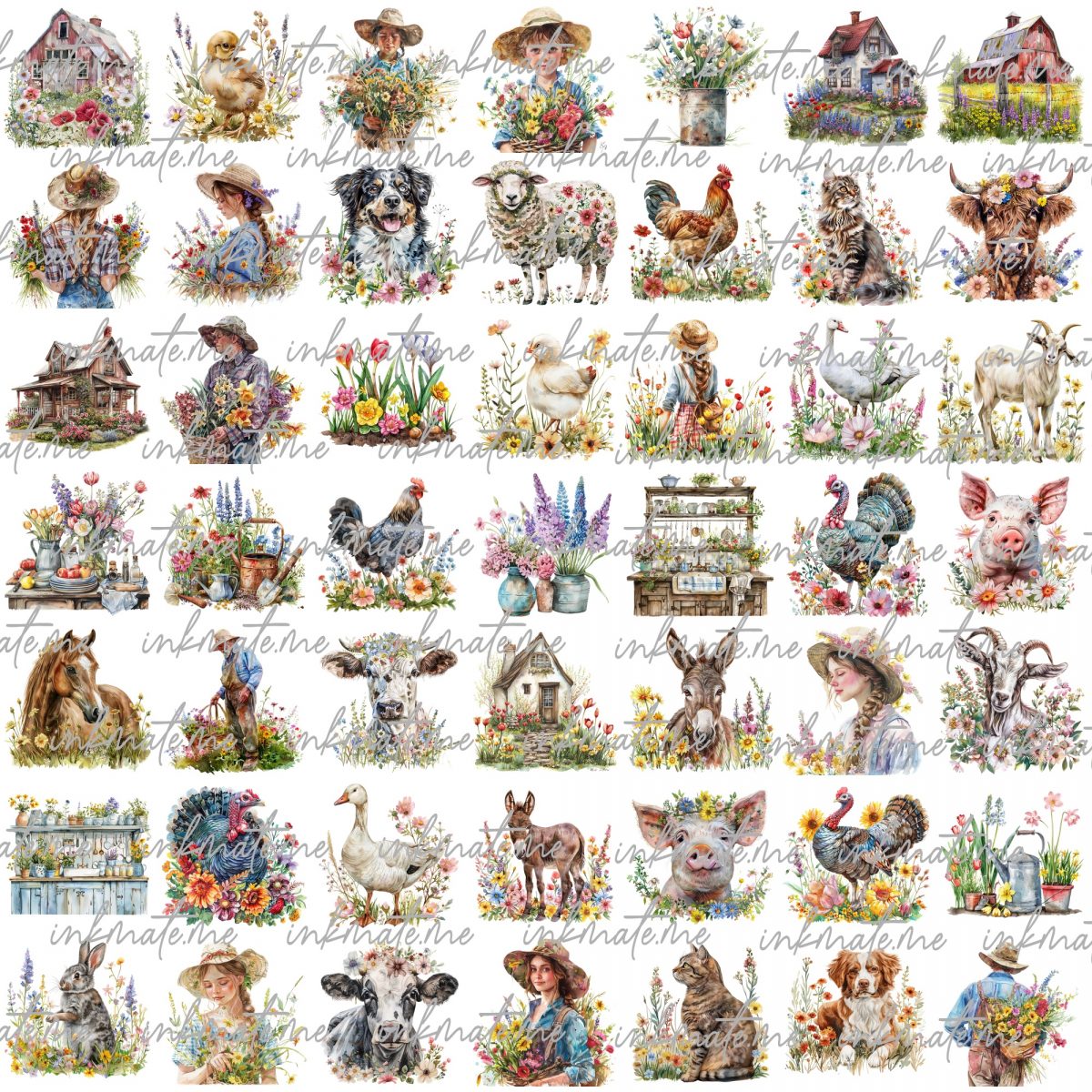 Cute Farm Clipart, Farm Animals Watercolor Digital Clipart,