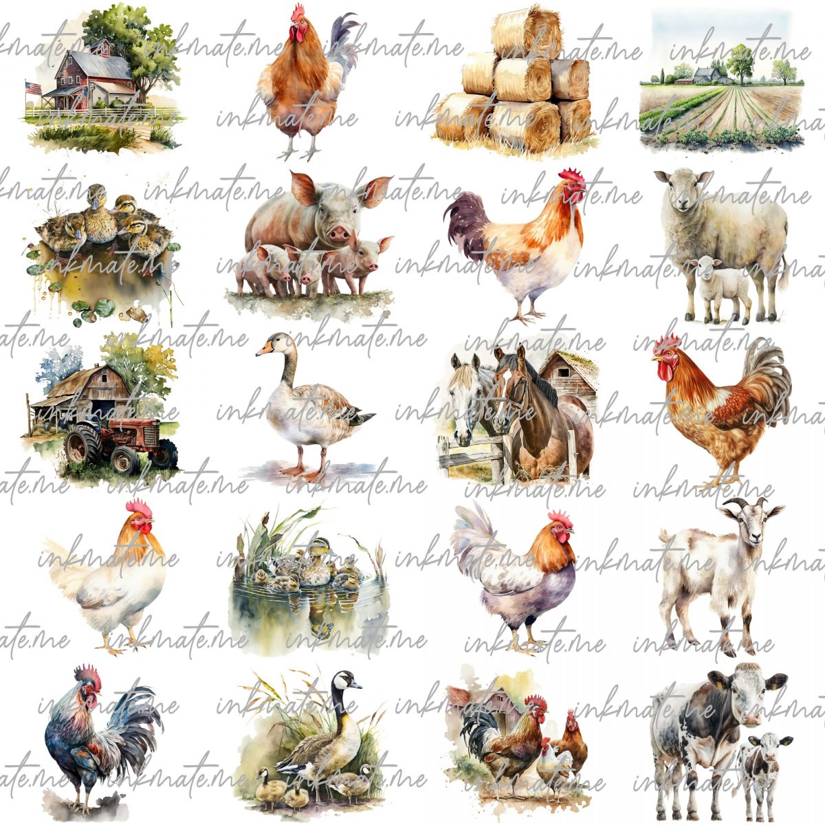 Cute Farm Clipart, Farm Animals Watercolor Digital Clipart,