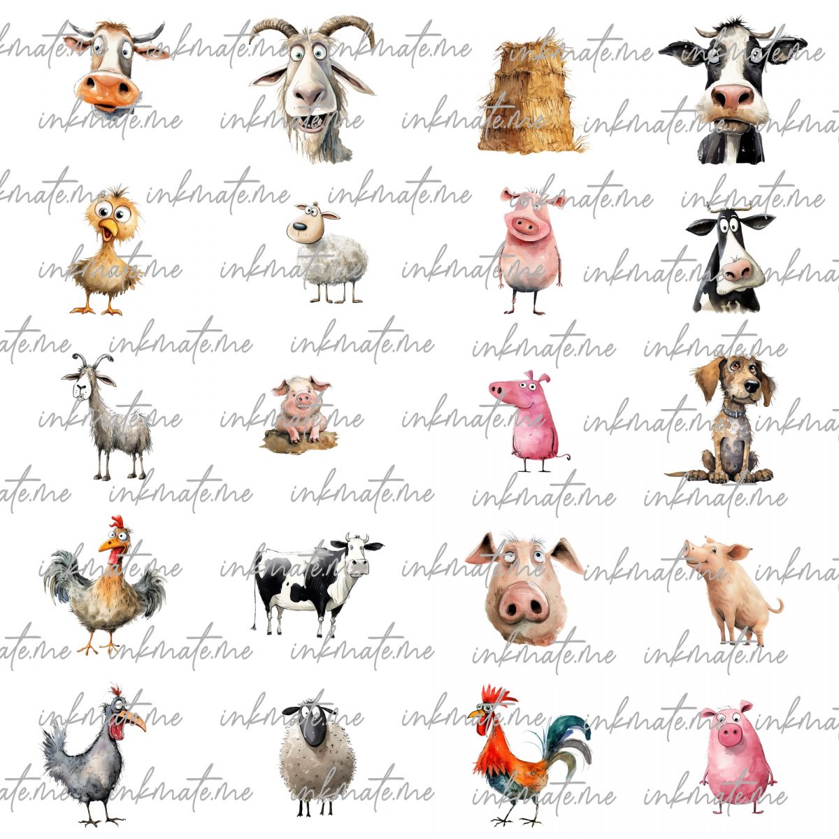 Cute Farm Clipart, Farm Animals Watercolor Digital Clipart,