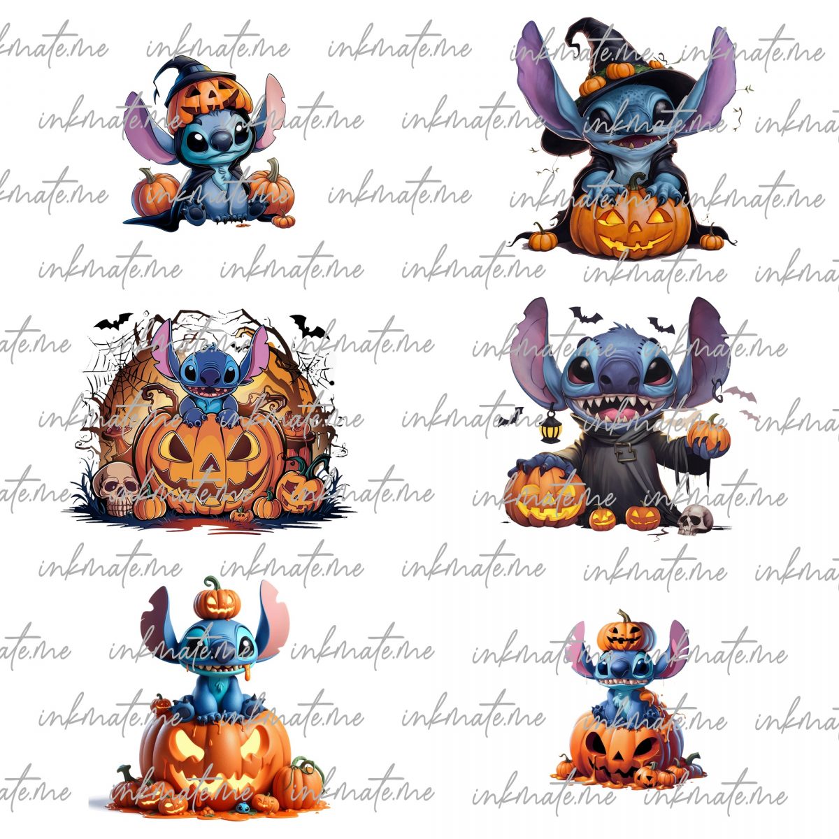 Set of 6 Stitch Halloween PNG Transparent, Digital Images for Printing, T-Shirts, Posters, and More