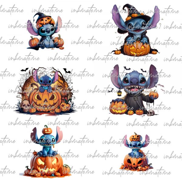 Set of 6 Stitch Halloween PNG Transparent, Digital Images for Printing, T-Shirts, Posters, and More