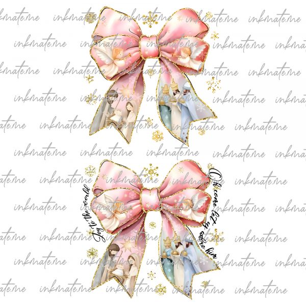 Pink Jesus christmas coquette bow png, pink christmas png, oh come let us adore him png, christmas png, christmas nativity png, Joy png