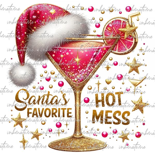 Santa's Favorite Hot Mess Png, Santa Hat Png, Girl Christmas Png, Funny Christmas Drink Png, Xmas Holiday, Glitter Christmas Margarita Png