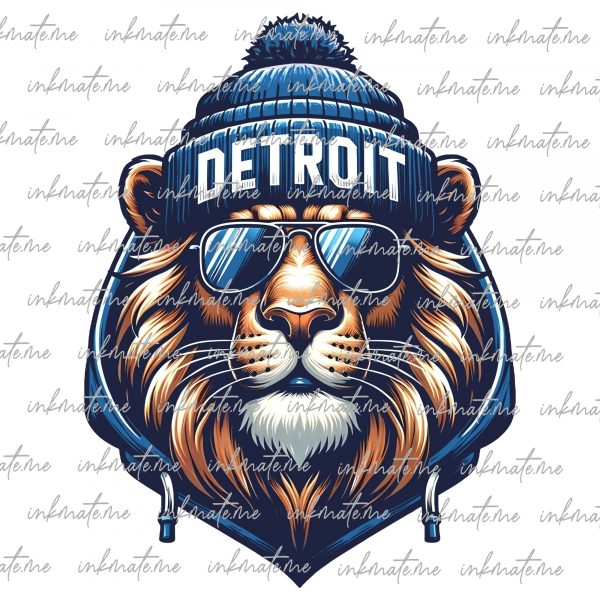 Detroit Png, Detroit Lion's Head Clipart with Beanie and Sunglasses, Football State Team PNG, Sublimation Design, PNG Digital Download PNG