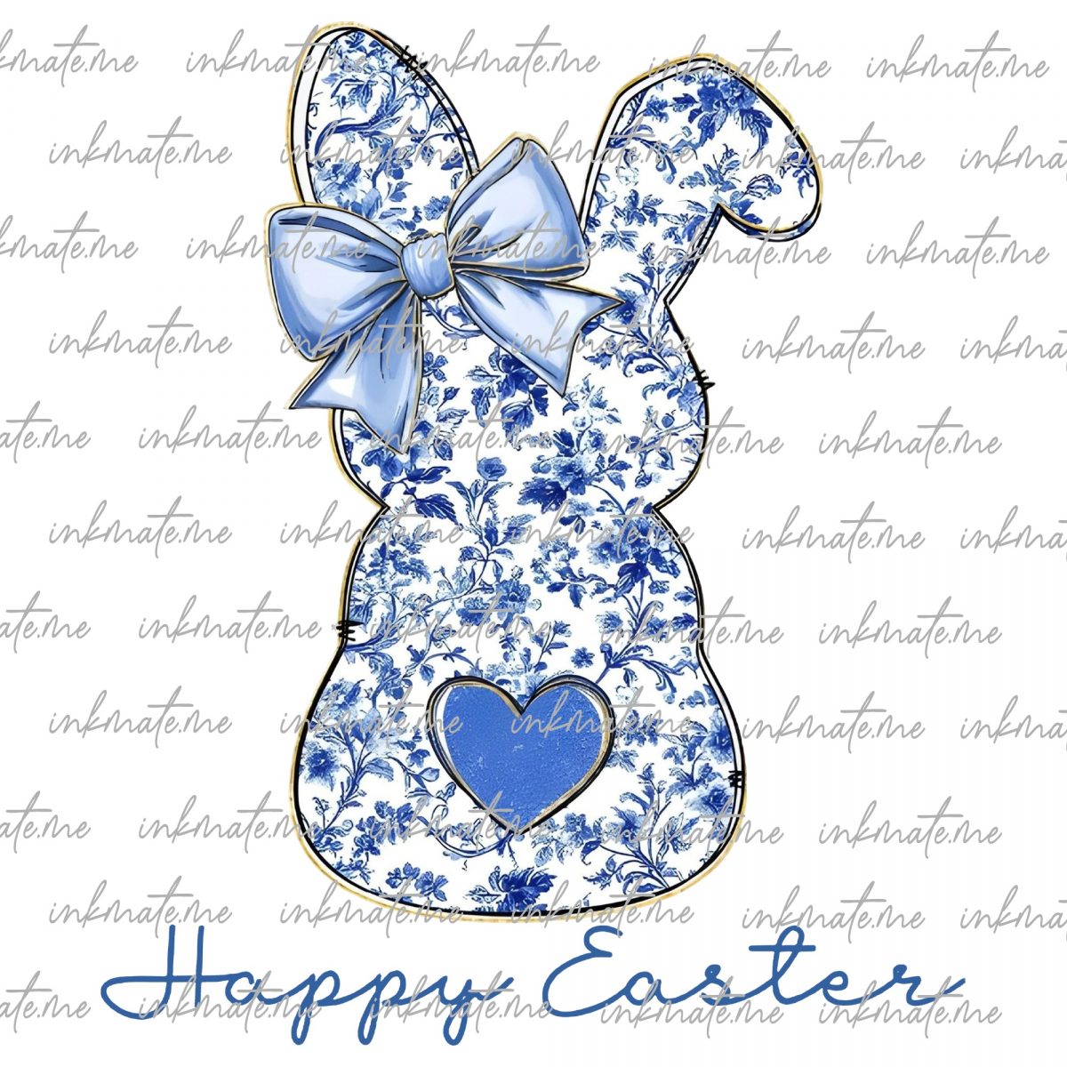 Happy Easter PNG, Blue Floral Chinoiserie Bunny Png, Grand Millennial Easter Png, Blue Toile Easter Rabbit Png, Easter Coquette Png, Girls