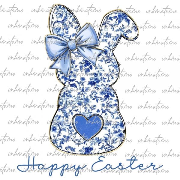 Happy Easter PNG, Blue Floral Chinoiserie Bunny Png, Grand Millennial Easter Png, Blue Toile Easter Rabbit Png, Easter Coquette Png, Girls