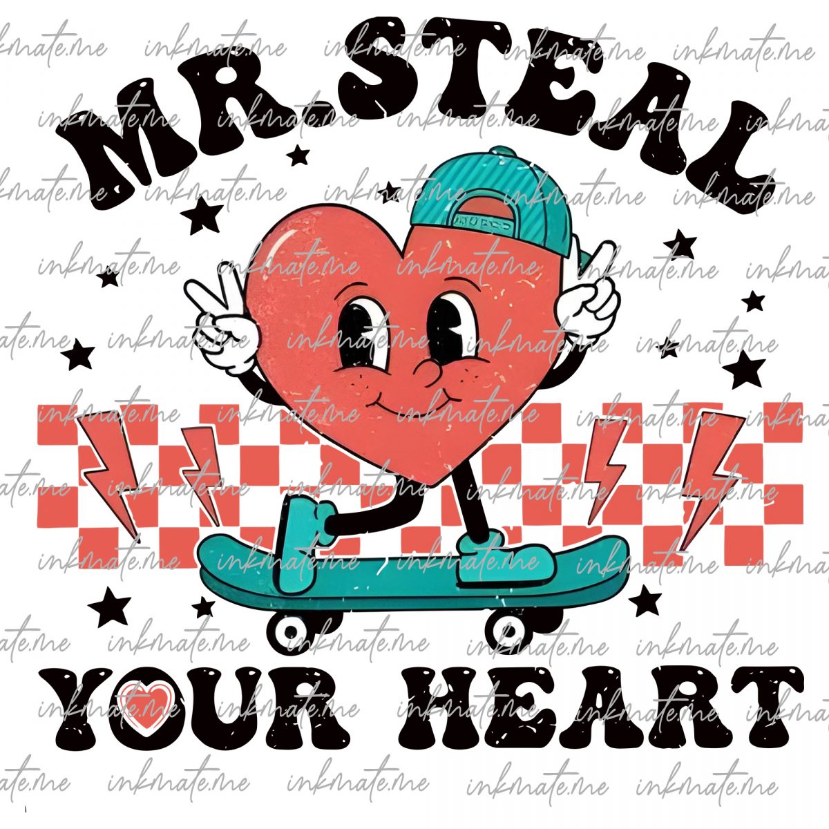 Mr Steal Your Heart Png, Retro Valentine Png, Kids Valentine Png, Boys Ball Cap Skating Valentine Png, Kids Valentines Checkered Png