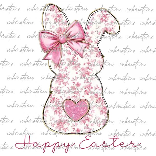 Happy Easter PNG, Pink Floral Chinoiserie Bunny Png, Grand Millennial Easter Png, Pink Toile Easter Rabbit Png, Easter Coquette Png, Girls